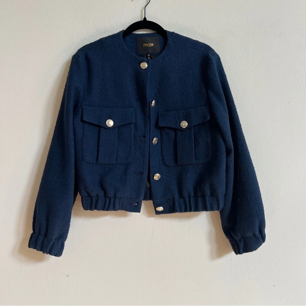 Maje Bimarine Tweed Jacket Navy Blue Silver Buttons size 36 US 4 - Picture 3 of 3